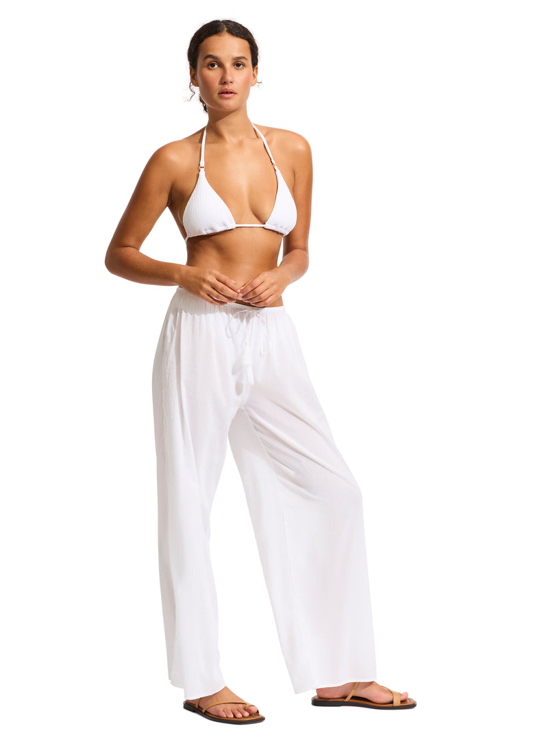 Buy Women Cotton Linen Pants Elastic High Waisted Palazzo Lounge Pants  Loose Beach Trousers with Pockets, White, Large at Amazon.in